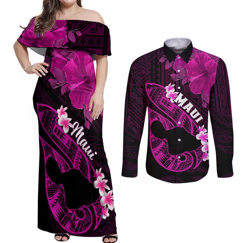 Personalized Hawaii Maui Couples Matching Off Shoulder Maxi Dress and Long Sleeve Button Shirts Polynesian Fish Hook Hibiscus Pink Version LT05 Pink - Polynesian Pride