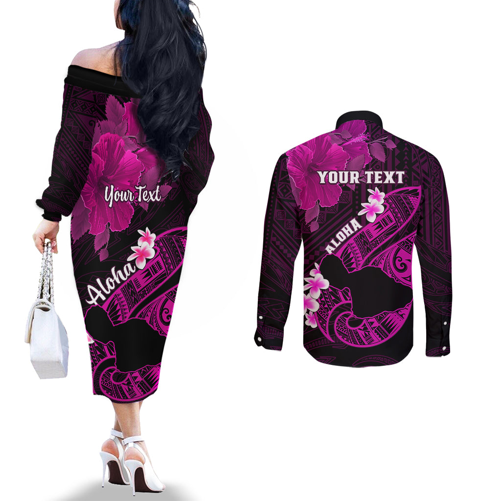 Personalized Hawaii Maui Couples Matching Off The Shoulder Long Sleeve Dress and Long Sleeve Button Shirts Polynesian Fish Hook Hibiscus Pink Version LT05 - Polynesian Pride