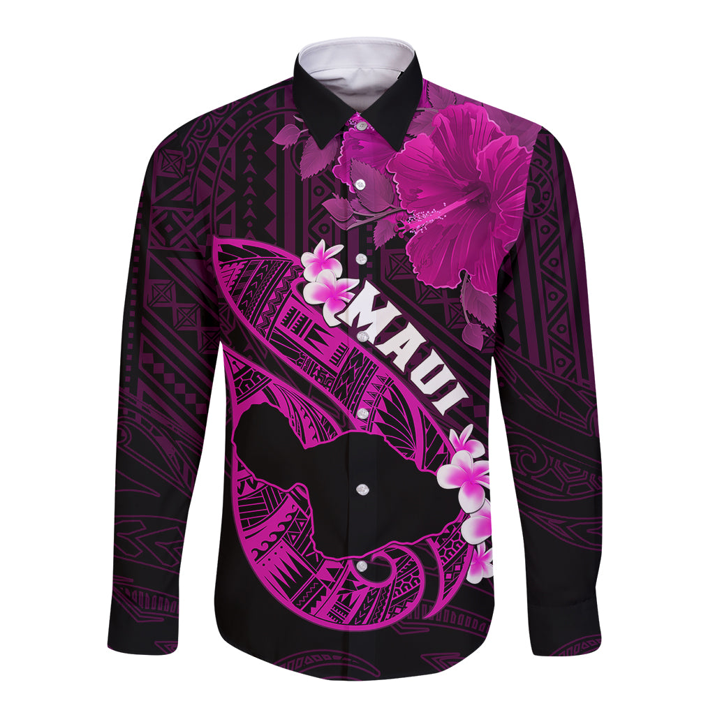 Personalized Hawaii Maui Long Sleeve Button Shirt Polynesian Fish Hook Hibiscus Pink Version LT05 Unisex Pink - Polynesian Pride
