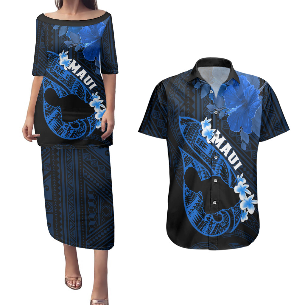 Personalized Hawaii Maui Couples Matching Puletasi Dress and Hawaiian Shirt Polynesian Fish Hook Hibiscus Blue Version LT05 Blue - Polynesian Pride