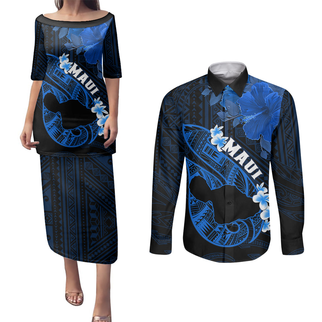 Personalized Hawaii Maui Couples Matching Puletasi Dress and Long Sleeve Button Shirts Polynesian Fish Hook Hibiscus Blue Version LT05 Blue - Polynesian Pride
