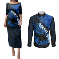 Personalized Hawaii Maui Couples Matching Puletasi Dress and Long Sleeve Button Shirts Polynesian Fish Hook Hibiscus Blue Version LT05 Blue - Polynesian Pride