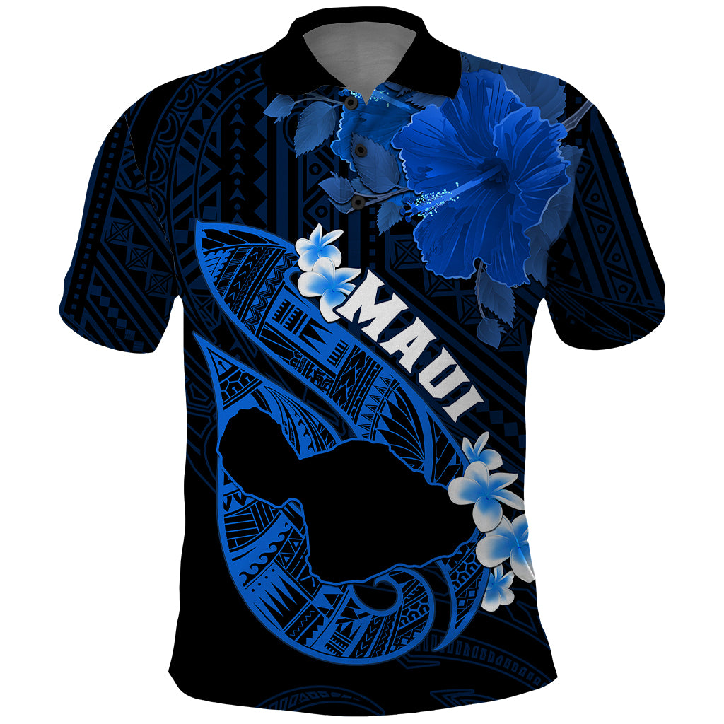 Personalized Hawaii Maui Polo Shirt Polynesian Fish Hook Hibiscus Blue Version LT05 Blue - Polynesian Pride