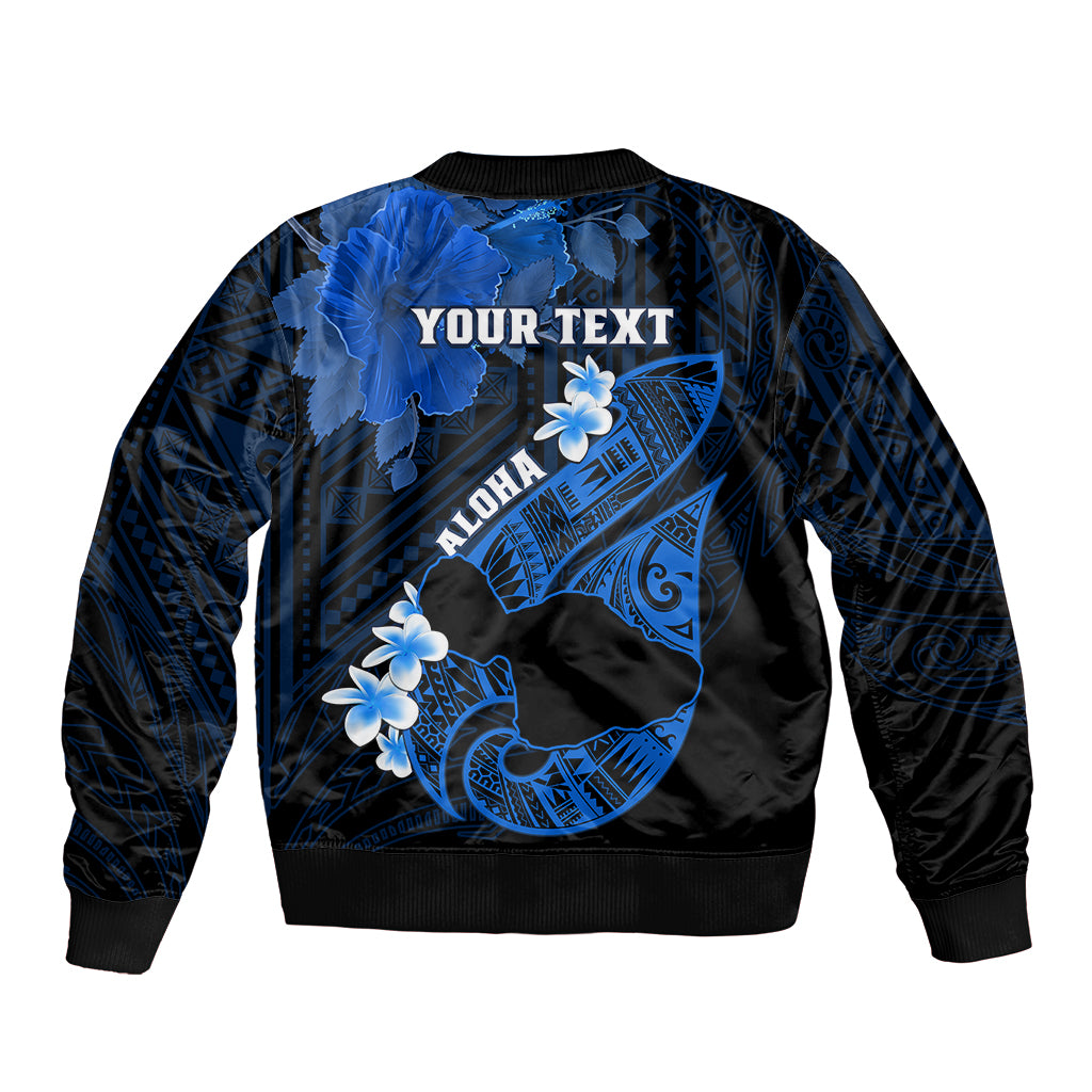 Personalized Hawaii Maui Sleeve Zip Bomber Jacket Polynesian Fish Hook Hibiscus Blue Version LT05 - Polynesian Pride