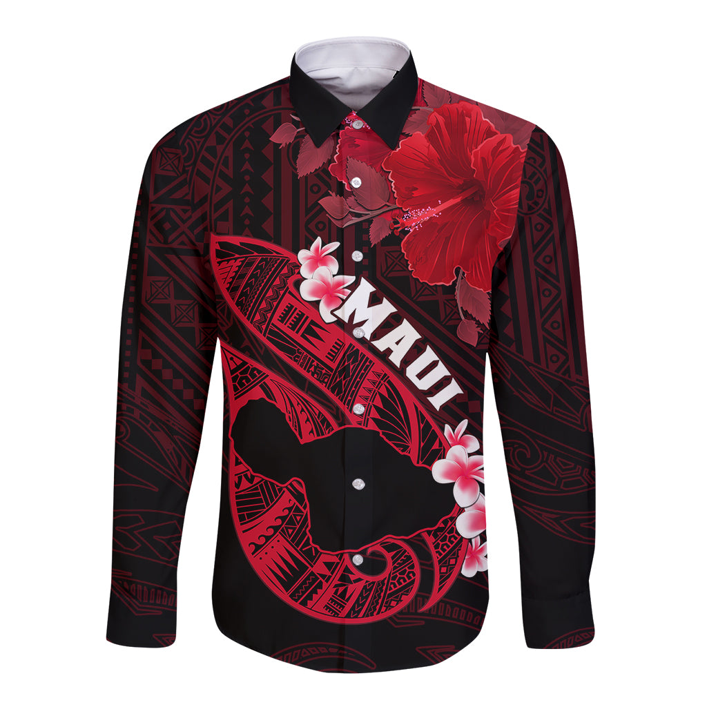 Personalized Hawaii Maui Long Sleeve Button Shirt Polynesian Fish Hook Hibiscus Red Version LT05 Unisex Red - Polynesian Pride