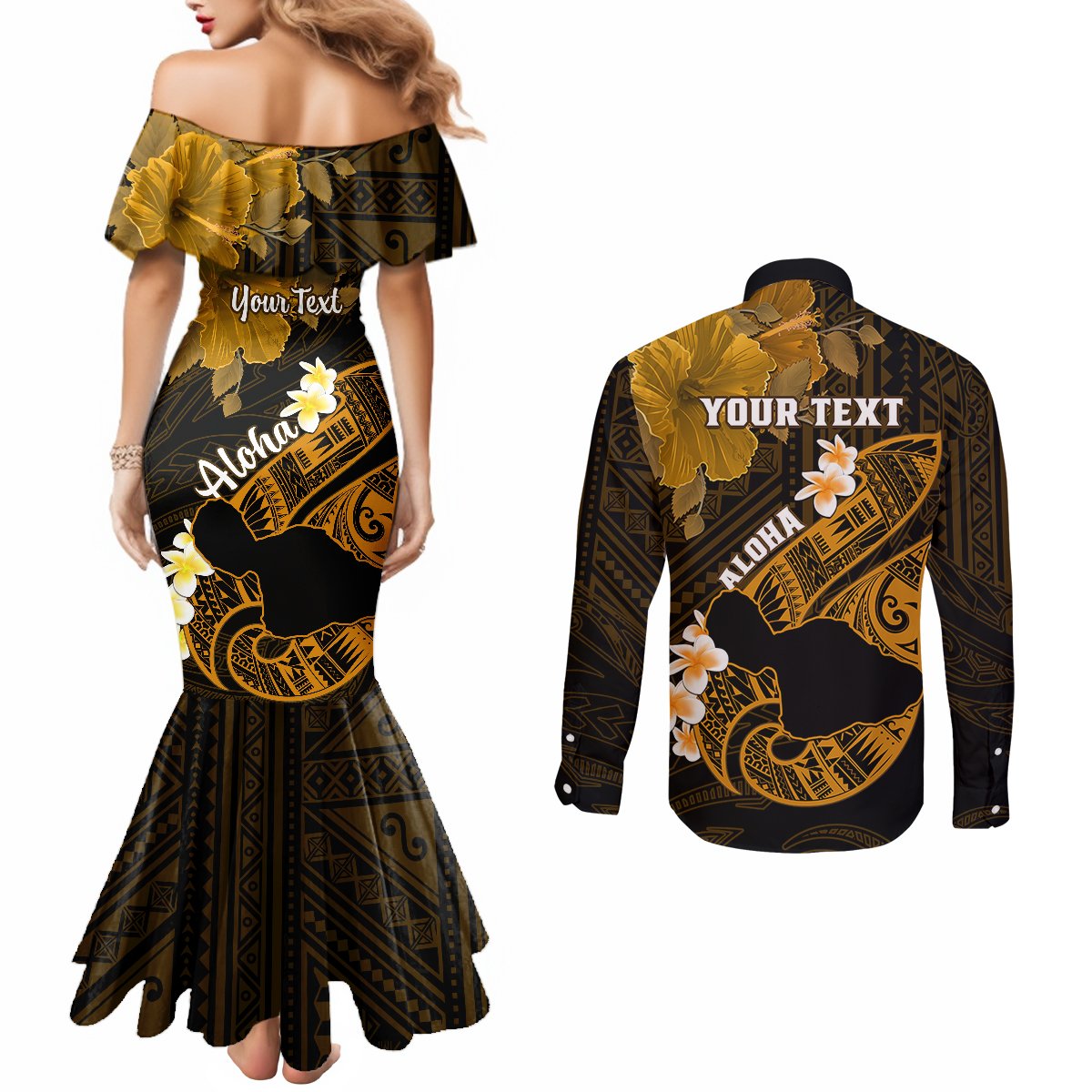 Personalized Hawaii Maui Couples Matching Mermaid Dress and Long Sleeve Button Shirts Polynesian Fish Hook Hibiscus Gold Version LT05 - Polynesian Pride