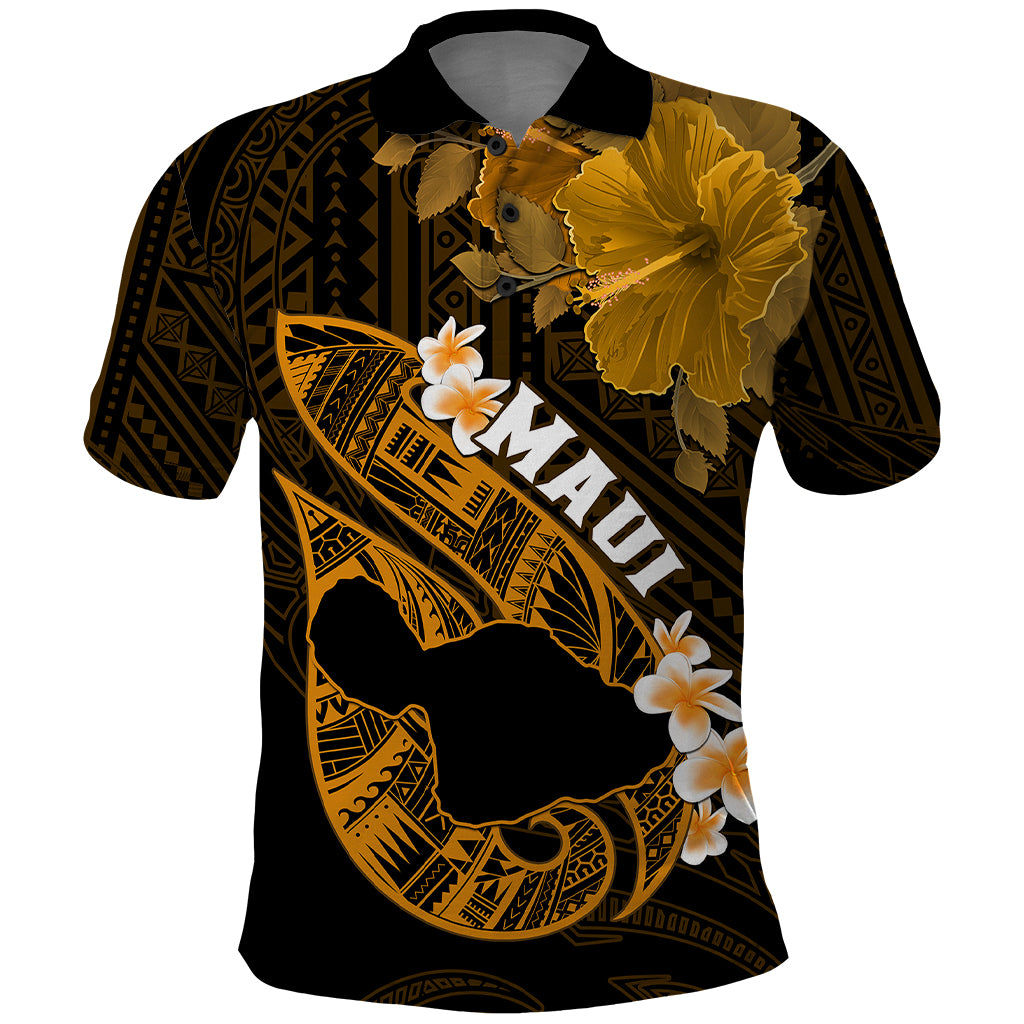 Personalized Hawaii Maui Polo Shirt Polynesian Fish Hook Hibiscus Gold Version LT05 Gold - Polynesian Pride