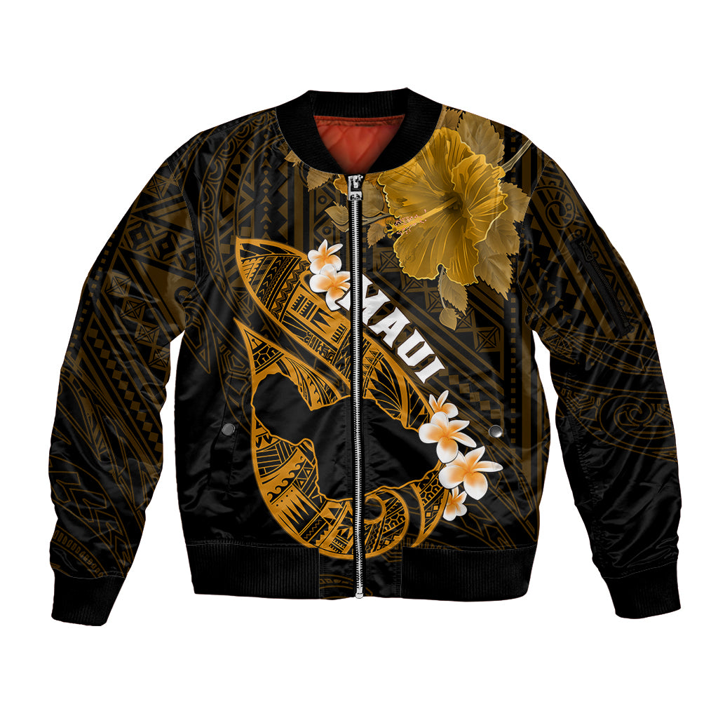 Personalized Hawaii Maui Sleeve Zip Bomber Jacket Polynesian Fish Hook Hibiscus Gold Version LT05 Unisex Gold - Polynesian Pride