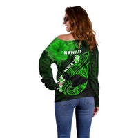 Hawaii Maui Off Shoulder Sweater Polynesian Fish Hook Hibiscus Green Version LT05 - Polynesian Pride