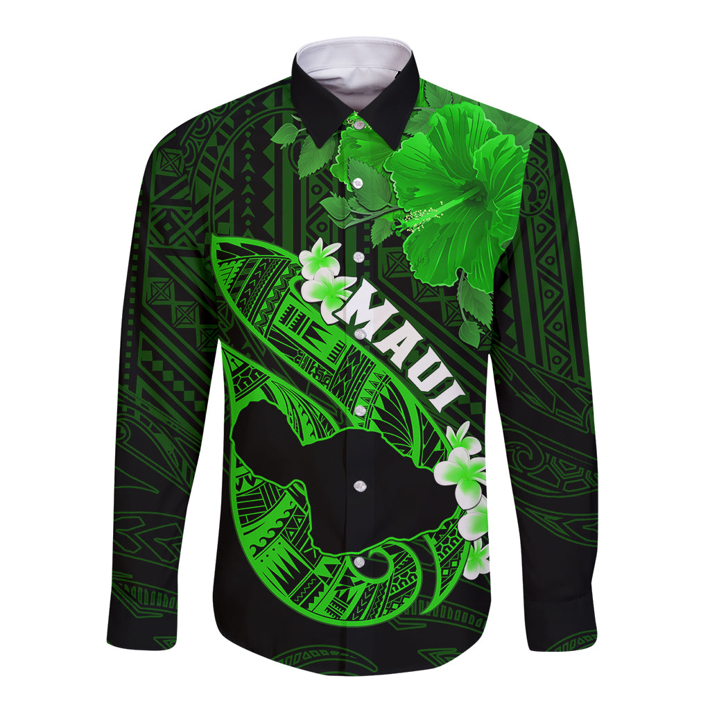 Personalized Hawaii Maui Long Sleeve Button Shirt Polynesian Fish Hook Hibiscus Green Version LT05 Unisex Green - Polynesian Pride