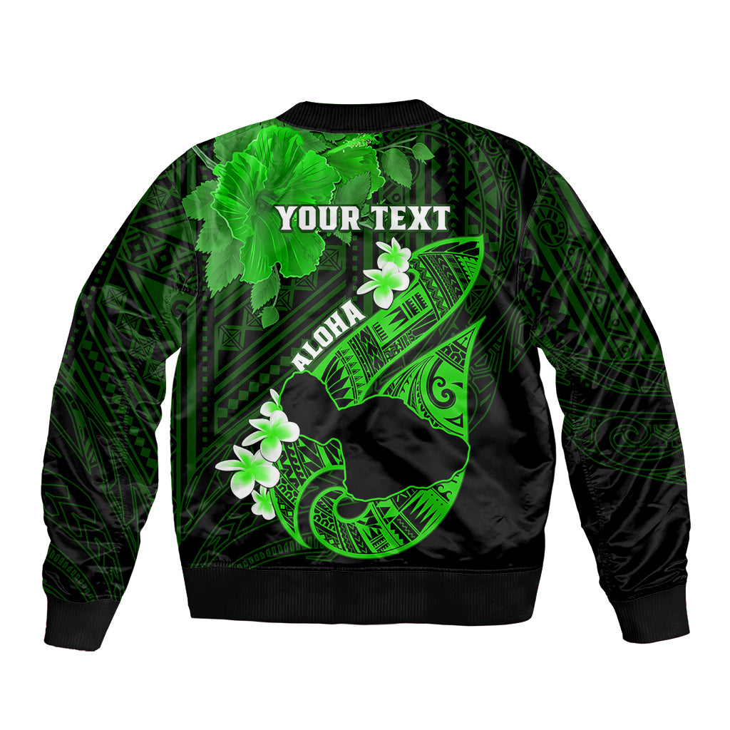 Personalized Hawaii Maui Sleeve Zip Bomber Jacket Polynesian Fish Hook Hibiscus Green Version LT05 - Polynesian Pride