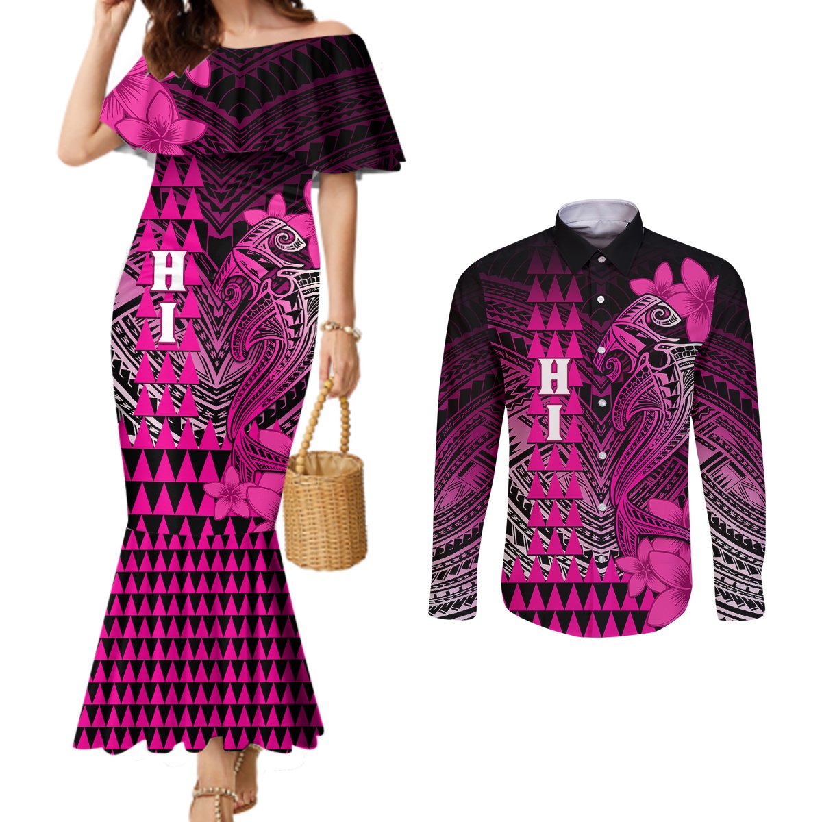 Personalized Hawaii Couples Matching Mermaid Dress and Long Sleeve Button Shirts Hammerhead Shark Kakau Polynesian Tribal Pink LT05 Pink - Polynesian Pride