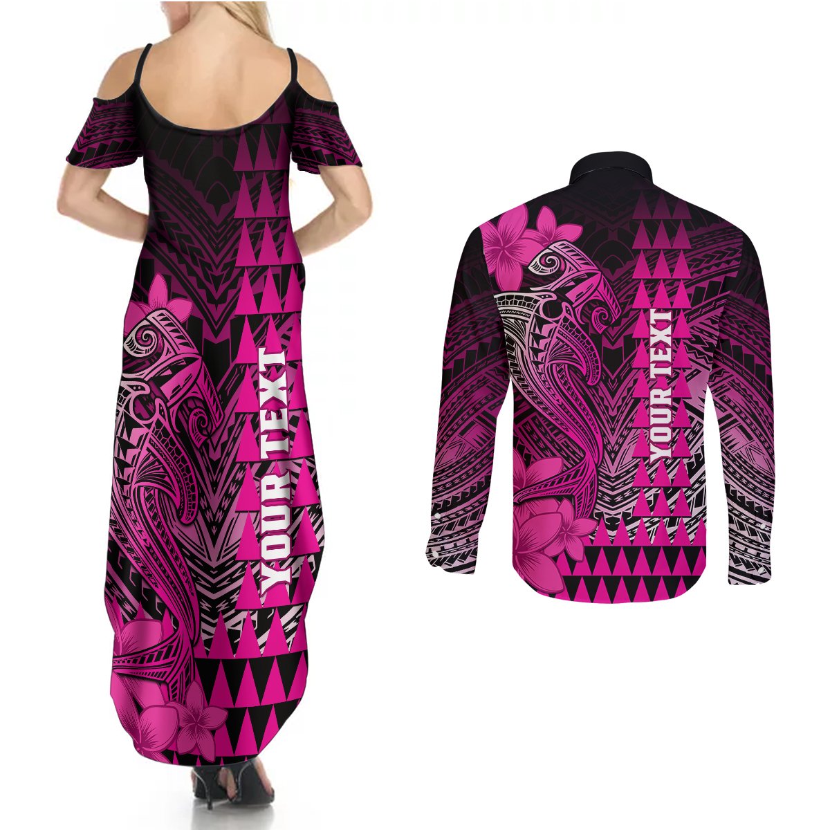 Personalized Hawaii Couples Matching Summer Maxi Dress and Long Sleeve Button Shirts Hammerhead Shark Kakau Polynesian Tribal Pink LT05 - Polynesian Pride
