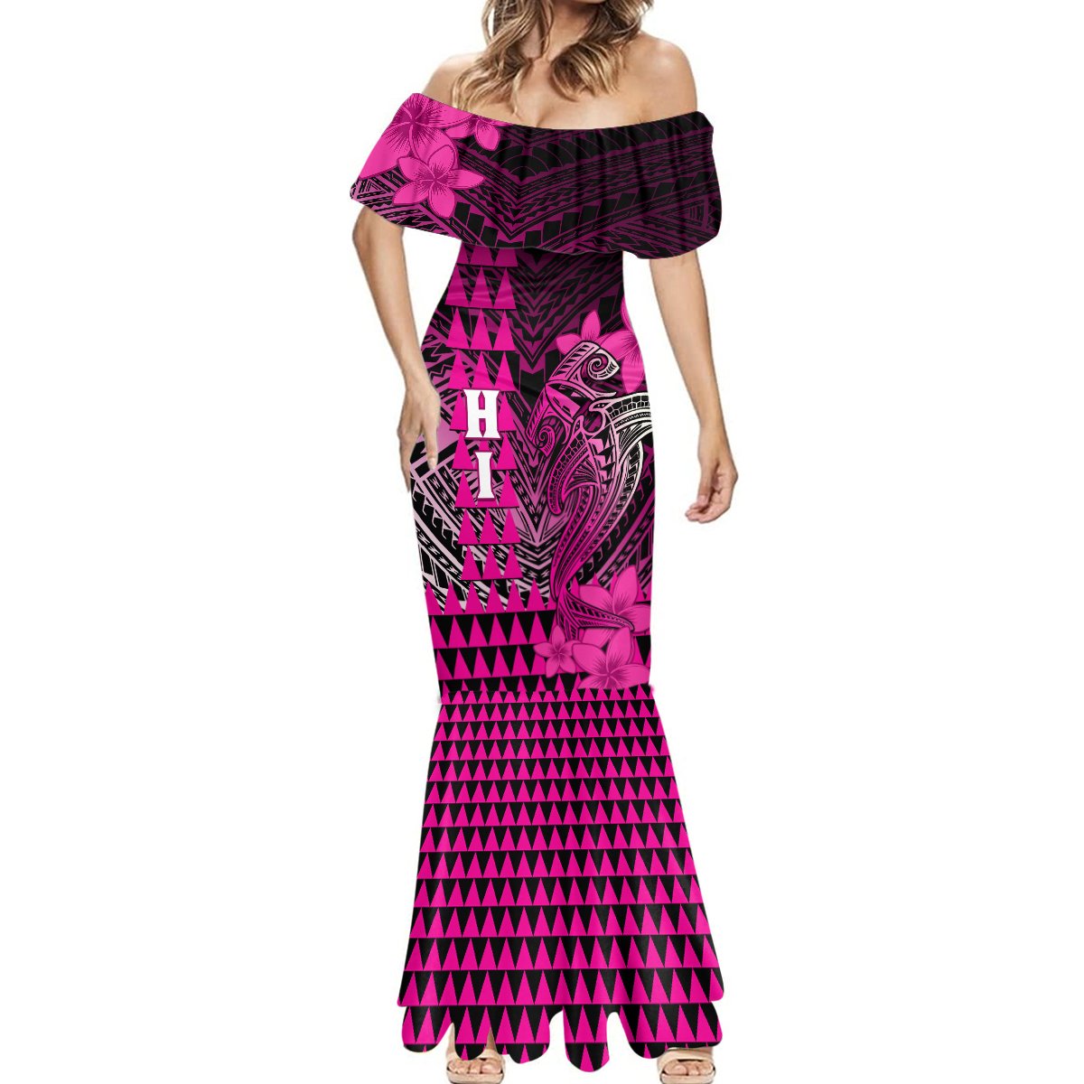 Personalized Hawaii Mermaid Dress Hammerhead Shark Kakau Polynesian Tribal Pink LT05 - Polynesian Pride