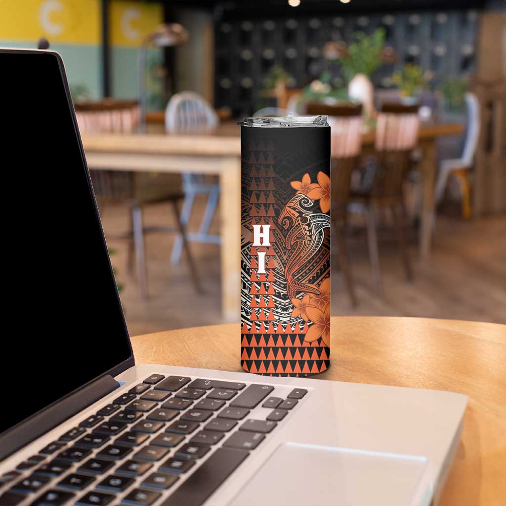 Personalized Hawaii Skinny Tumbler Hammerhead Shark Kakau Polynesian Tribal Orange