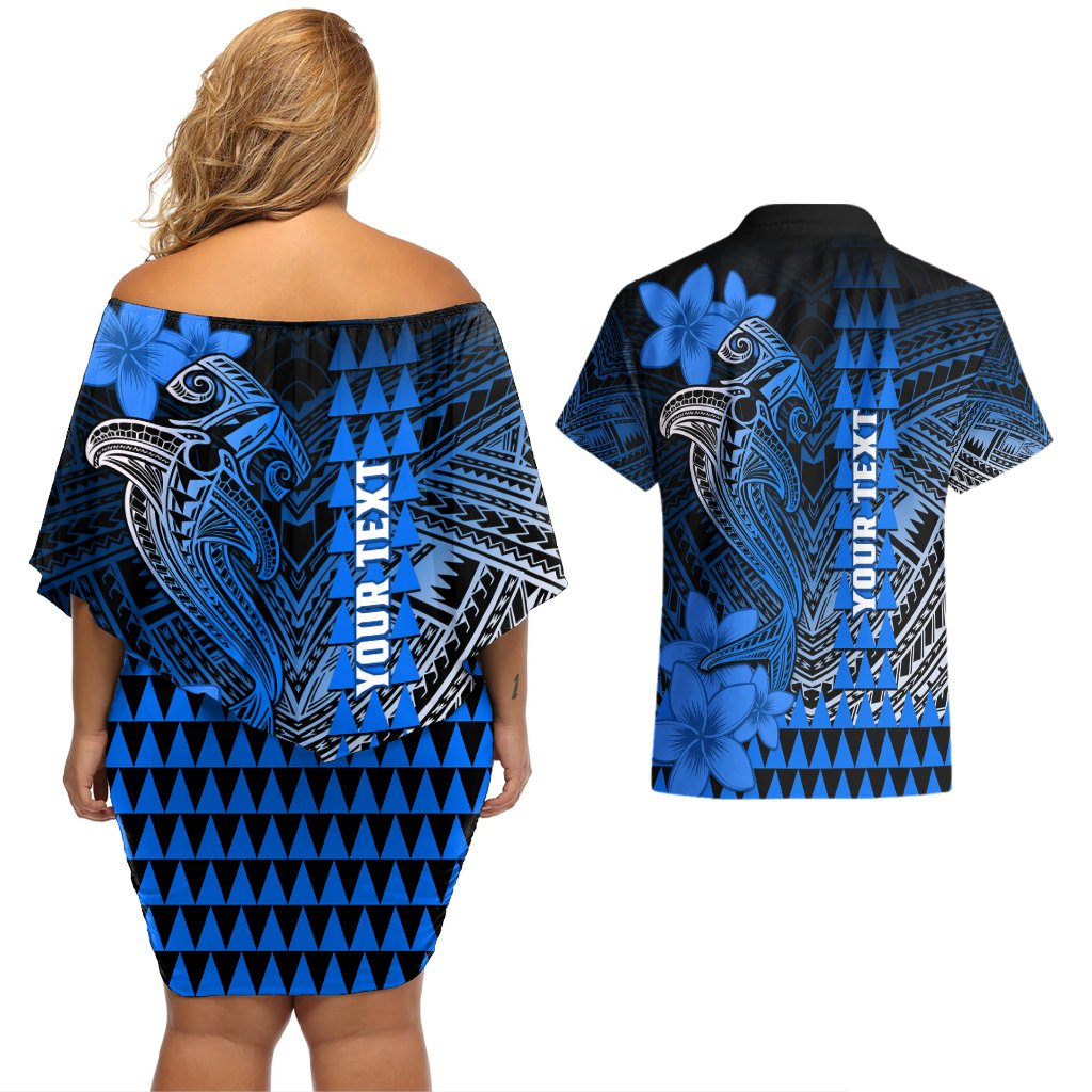 Personalized Hawaii Couples Matching Off Shoulder Short Dress and Hawaiian Shirt Hammerhead Shark Kakau Polynesian Tribal Blue LT05 - Polynesian Pride