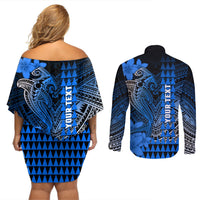 Personalized Hawaii Couples Matching Off Shoulder Short Dress and Long Sleeve Button Shirts Hammerhead Shark Kakau Polynesian Tribal Blue LT05 - Polynesian Pride