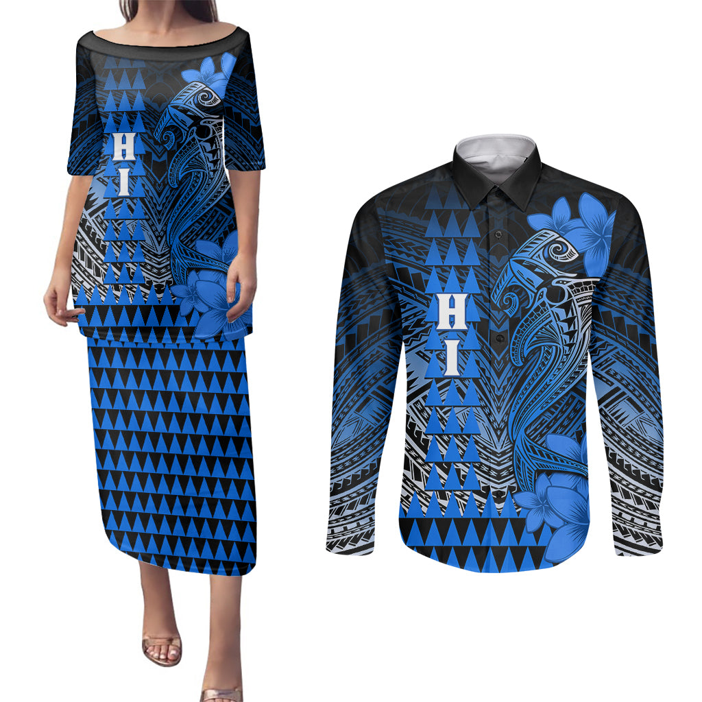 Personalized Hawaii Couples Matching Puletasi Dress and Long Sleeve Button Shirts Hammerhead Shark Kakau Polynesian Tribal Blue LT05 Blue - Polynesian Pride