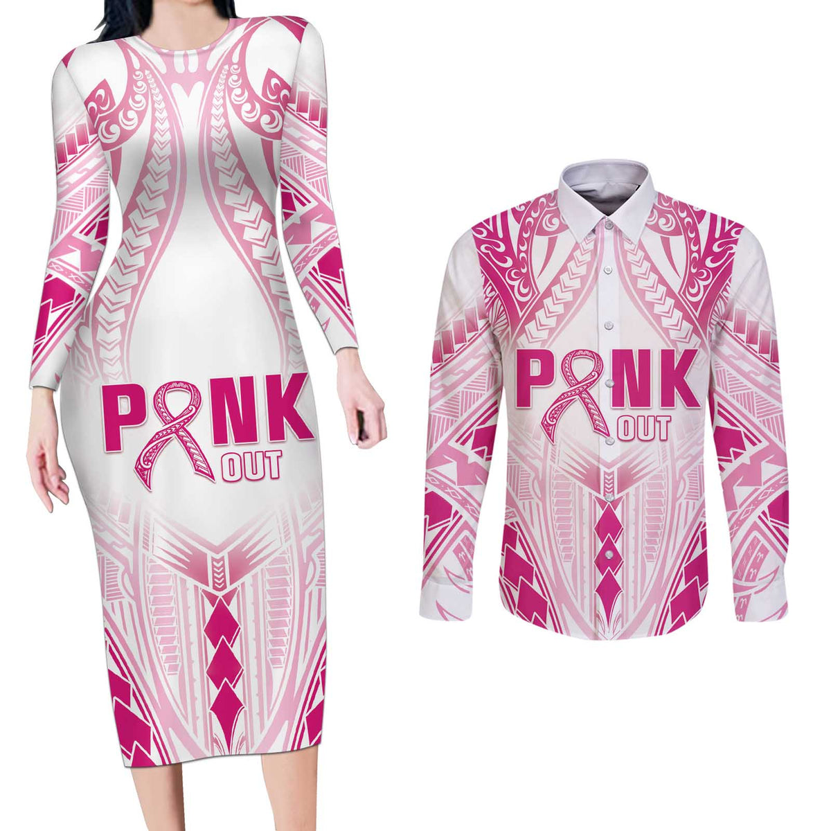 Breast Cancer Pink Out Couples Matching Long Sleeve Bodycon Dress and Long Sleeve Button Shirt Polynesian Art Tattoo White Version LT05 White - Polynesian Pride