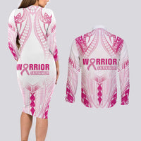 Breast Cancer Pink Out Couples Matching Long Sleeve Bodycon Dress and Long Sleeve Button Shirt Polynesian Art Tattoo White Version LT05 - Polynesian Pride