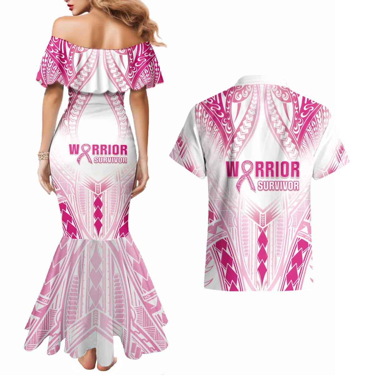 Breast Cancer Pink Out Couples Matching Mermaid Dress and Hawaiian Shirt Polynesian Art Tattoo White Version LT05 - Polynesian Pride