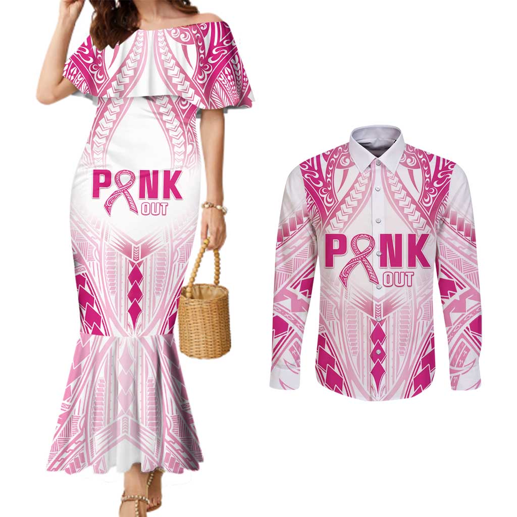 Breast Cancer Pink Out Couples Matching Mermaid Dress and Long Sleeve Button Shirt Polynesian Art Tattoo White Version LT05 White - Polynesian Pride