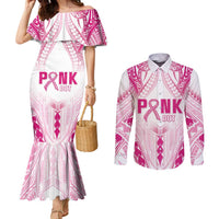 Breast Cancer Pink Out Couples Matching Mermaid Dress and Long Sleeve Button Shirt Polynesian Art Tattoo White Version LT05 White - Polynesian Pride