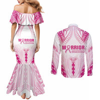 Breast Cancer Pink Out Couples Matching Mermaid Dress and Long Sleeve Button Shirt Polynesian Art Tattoo White Version LT05 - Polynesian Pride