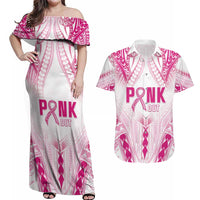 Breast Cancer Pink Out Couples Matching Off Shoulder Maxi Dress and Hawaiian Shirt Polynesian Art Tattoo White Version LT05 White - Polynesian Pride