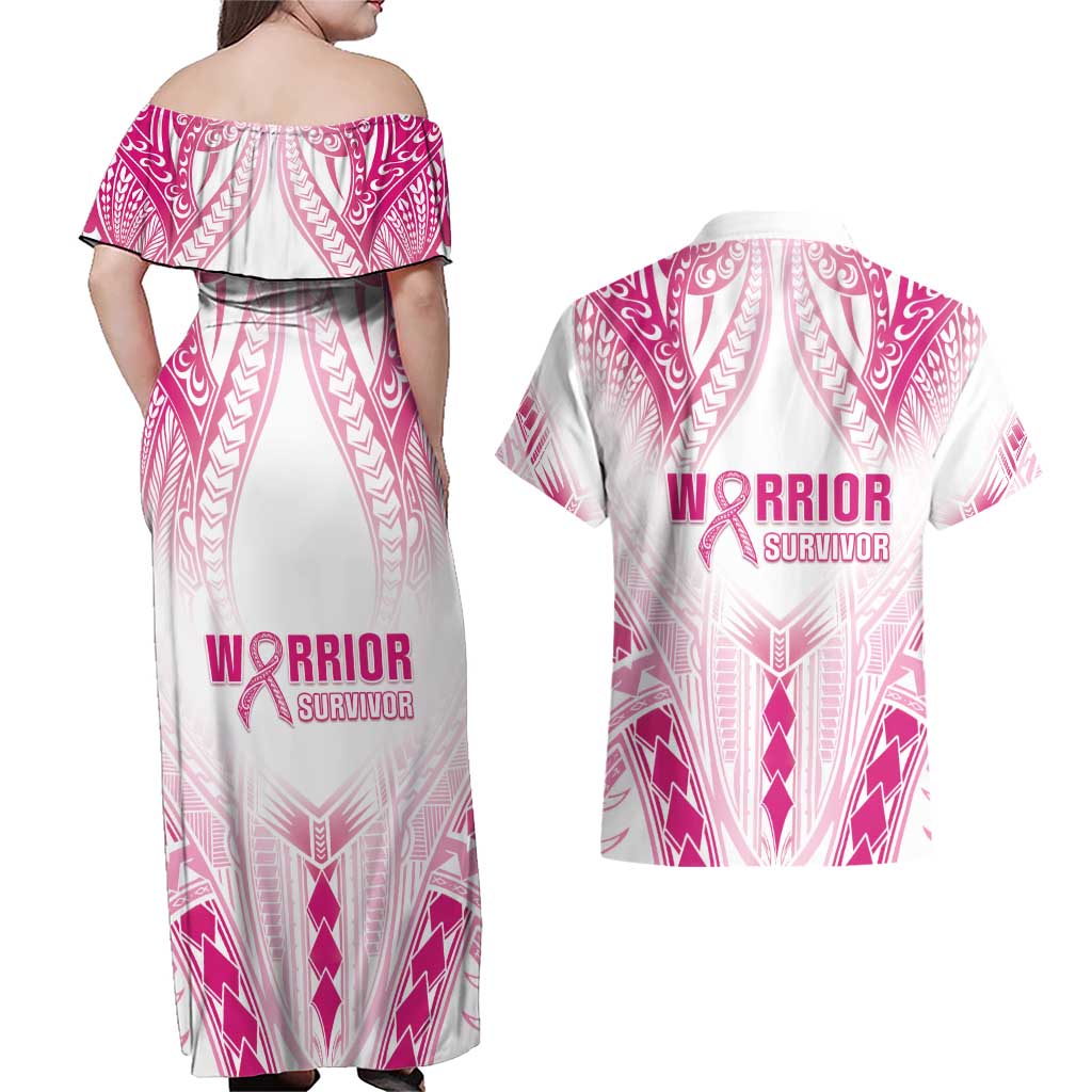 Breast Cancer Pink Out Couples Matching Off Shoulder Maxi Dress and Hawaiian Shirt Polynesian Art Tattoo White Version LT05 - Polynesian Pride