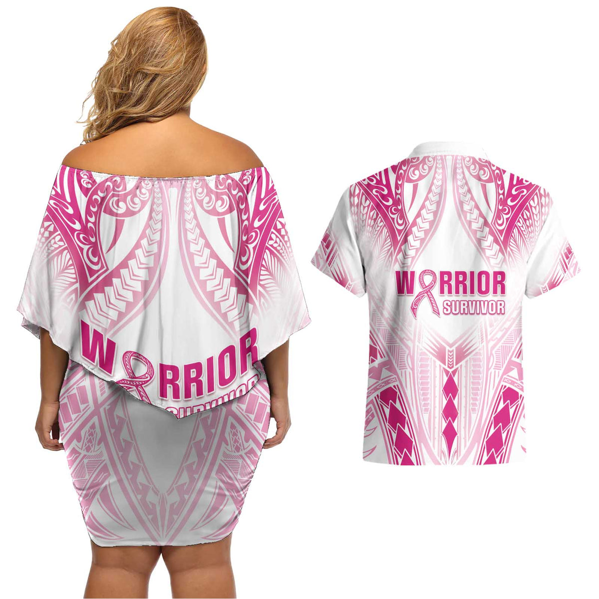 Breast Cancer Pink Out Couples Matching Off Shoulder Short Dress and Hawaiian Shirt Polynesian Art Tattoo White Version LT05 - Polynesian Pride