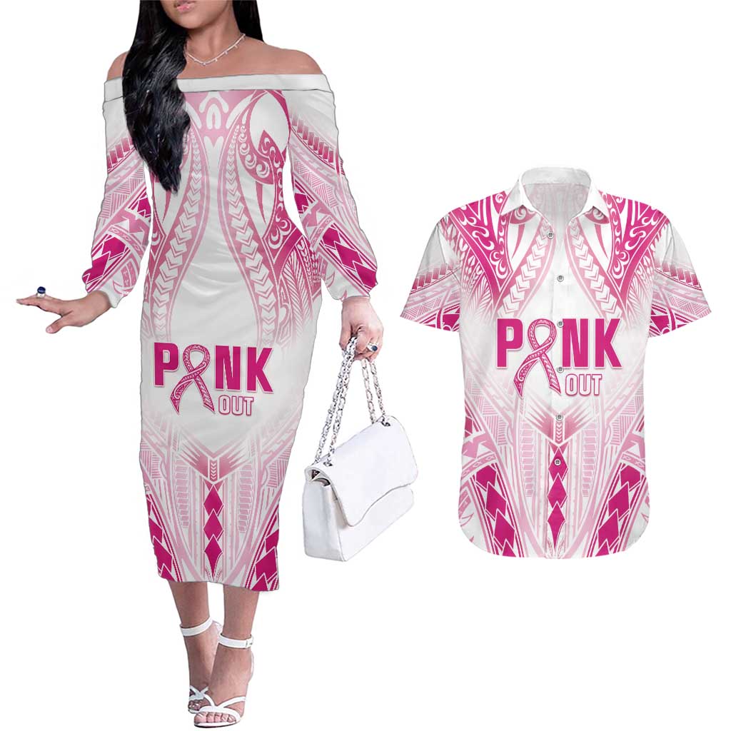 Breast Cancer Pink Out Couples Matching Off The Shoulder Long Sleeve Dress and Hawaiian Shirt Polynesian Art Tattoo White Version LT05 White - Polynesian Pride