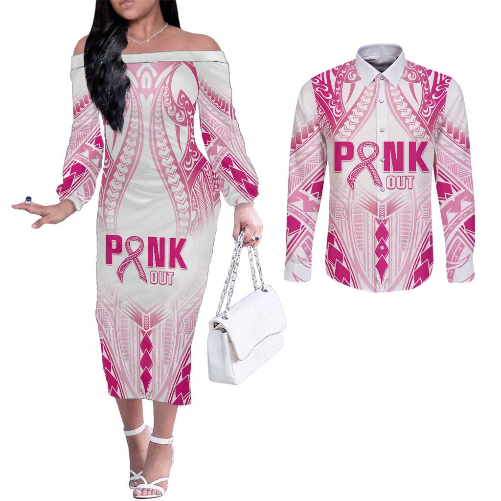 Breast Cancer Pink Out Couples Matching Off The Shoulder Long Sleeve Dress and Long Sleeve Button Shirt Polynesian Art Tattoo White Version LT05 White - Polynesian Pride