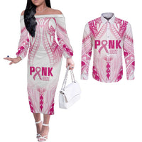 Breast Cancer Pink Out Couples Matching Off The Shoulder Long Sleeve Dress and Long Sleeve Button Shirt Polynesian Art Tattoo White Version LT05 White - Polynesian Pride