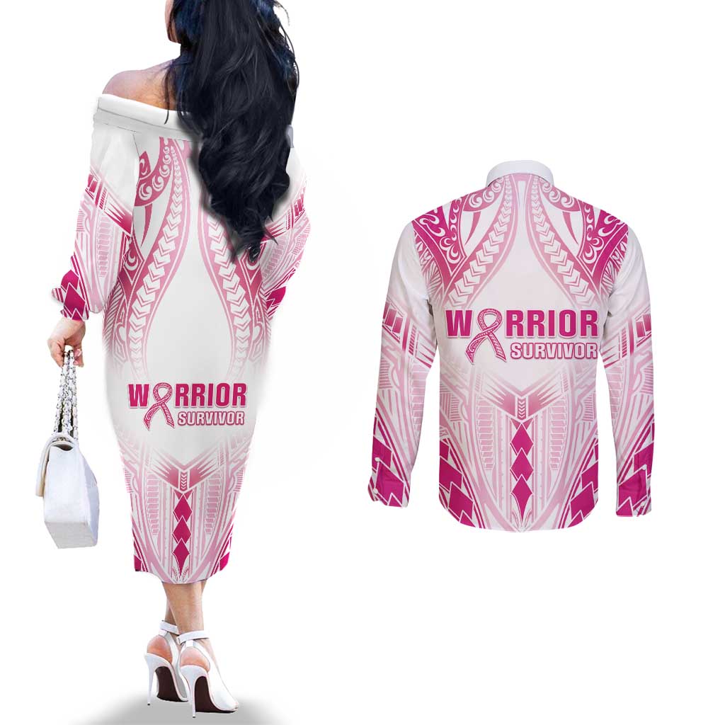 Breast Cancer Pink Out Couples Matching Off The Shoulder Long Sleeve Dress and Long Sleeve Button Shirt Polynesian Art Tattoo White Version LT05 - Polynesian Pride