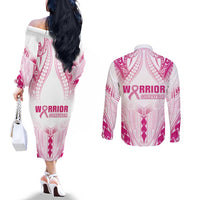 Breast Cancer Pink Out Couples Matching Off The Shoulder Long Sleeve Dress and Long Sleeve Button Shirt Polynesian Art Tattoo White Version LT05 - Polynesian Pride