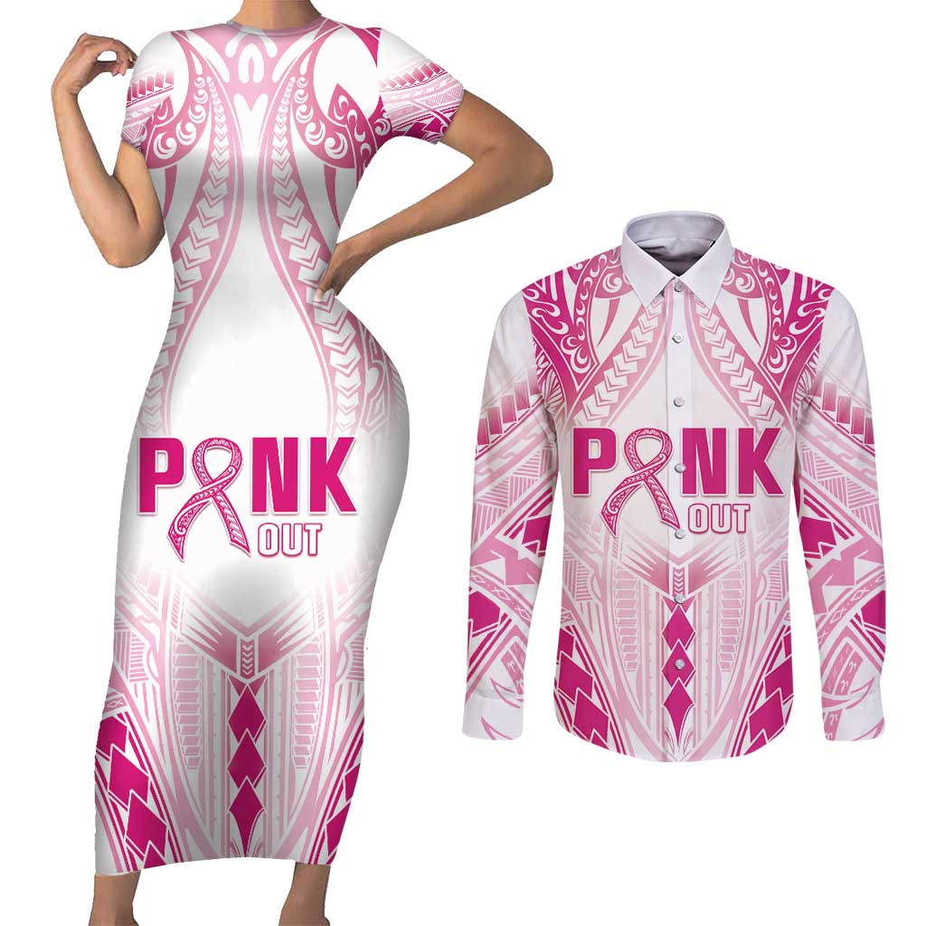 Breast Cancer Pink Out Couples Matching Short Sleeve Bodycon Dress and Long Sleeve Button Shirt Polynesian Art Tattoo White Version LT05 White - Polynesian Pride