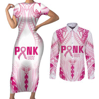 Breast Cancer Pink Out Couples Matching Short Sleeve Bodycon Dress and Long Sleeve Button Shirt Polynesian Art Tattoo White Version LT05 White - Polynesian Pride
