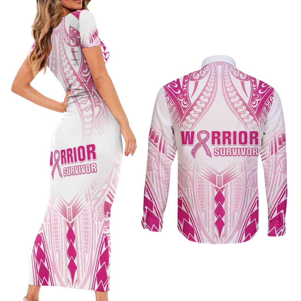 Breast Cancer Pink Out Couples Matching Short Sleeve Bodycon Dress and Long Sleeve Button Shirt Polynesian Art Tattoo White Version LT05 - Polynesian Pride