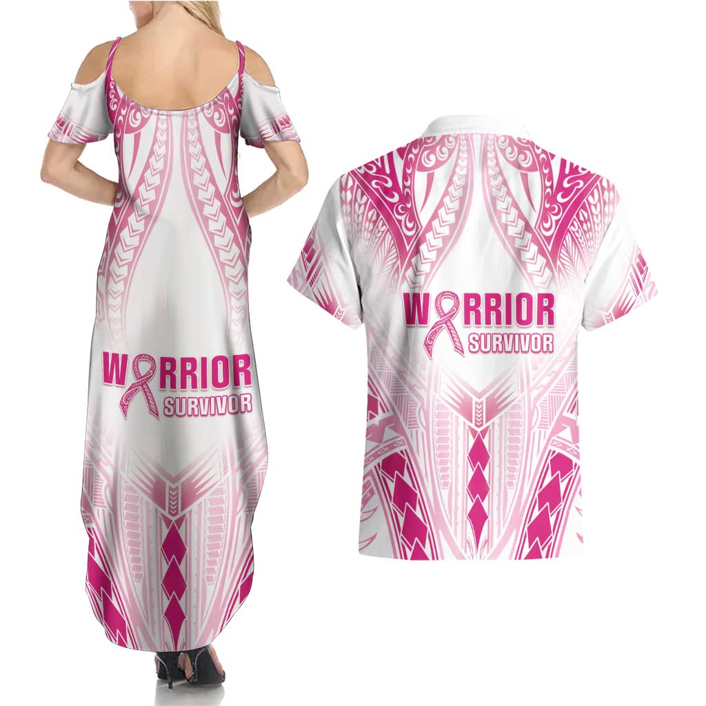 Breast Cancer Pink Out Couples Matching Summer Maxi Dress and Hawaiian Shirt Polynesian Art Tattoo White Version LT05 - Polynesian Pride