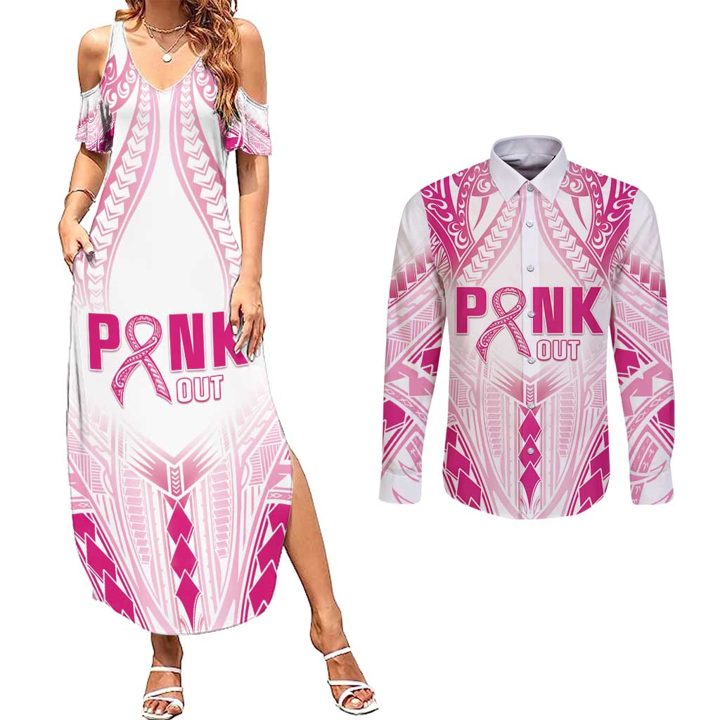 Breast Cancer Pink Out Couples Matching Summer Maxi Dress and Long Sleeve Button Shirt Polynesian Art Tattoo White Version LT05 White - Polynesian Pride
