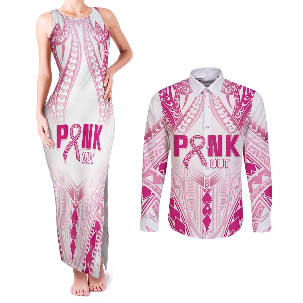 Breast Cancer Pink Out Couples Matching Tank Maxi Dress and Long Sleeve Button Shirt Polynesian Art Tattoo White Version LT05 White - Polynesian Pride