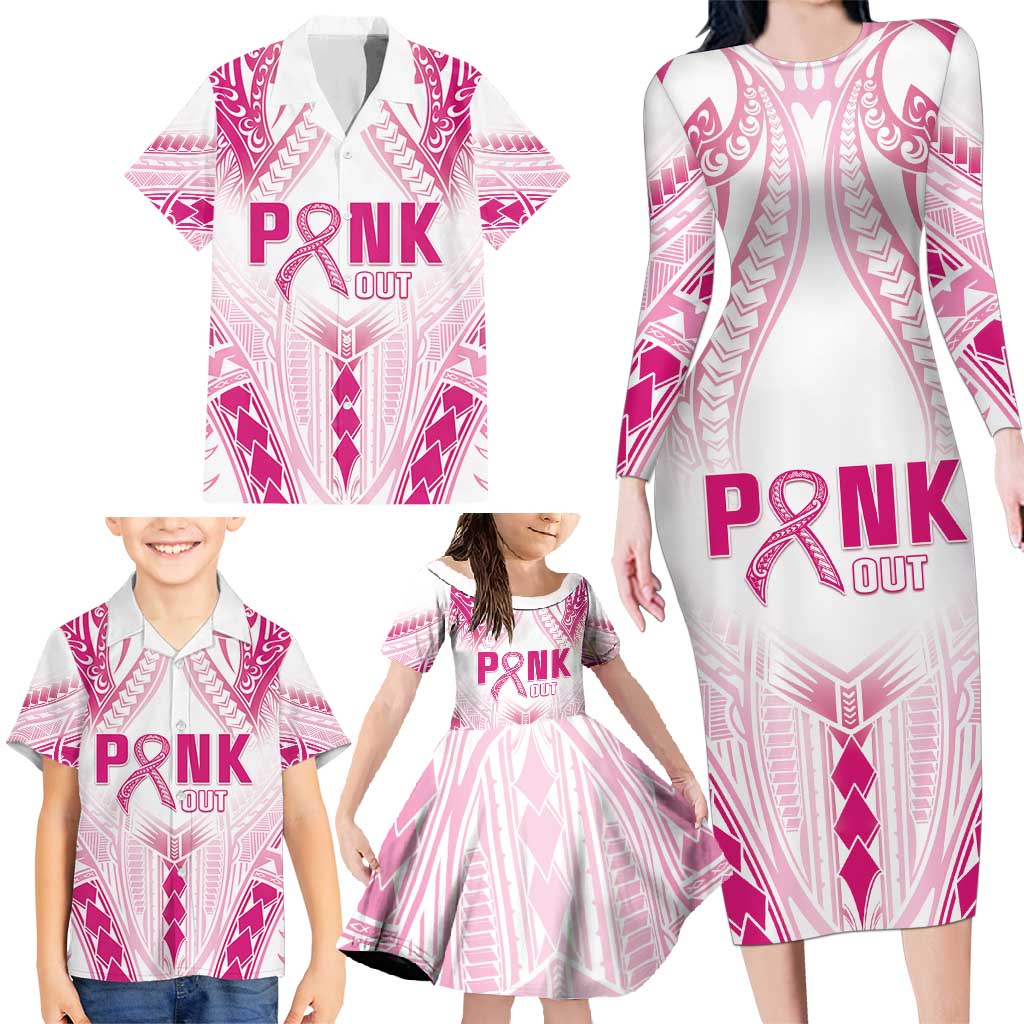 Breast Cancer Pink Out Family Matching Long Sleeve Bodycon Dress and Hawaiian Shirt Polynesian Art Tattoo White Version LT05 - Polynesian Pride