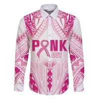 Breast Cancer Pink Out Family Matching Off The Shoulder Long Sleeve Dress and Hawaiian Shirt Polynesian Art Tattoo White Version LT05 Dad's Shirt - Long Sleeve White - Polynesian Pride