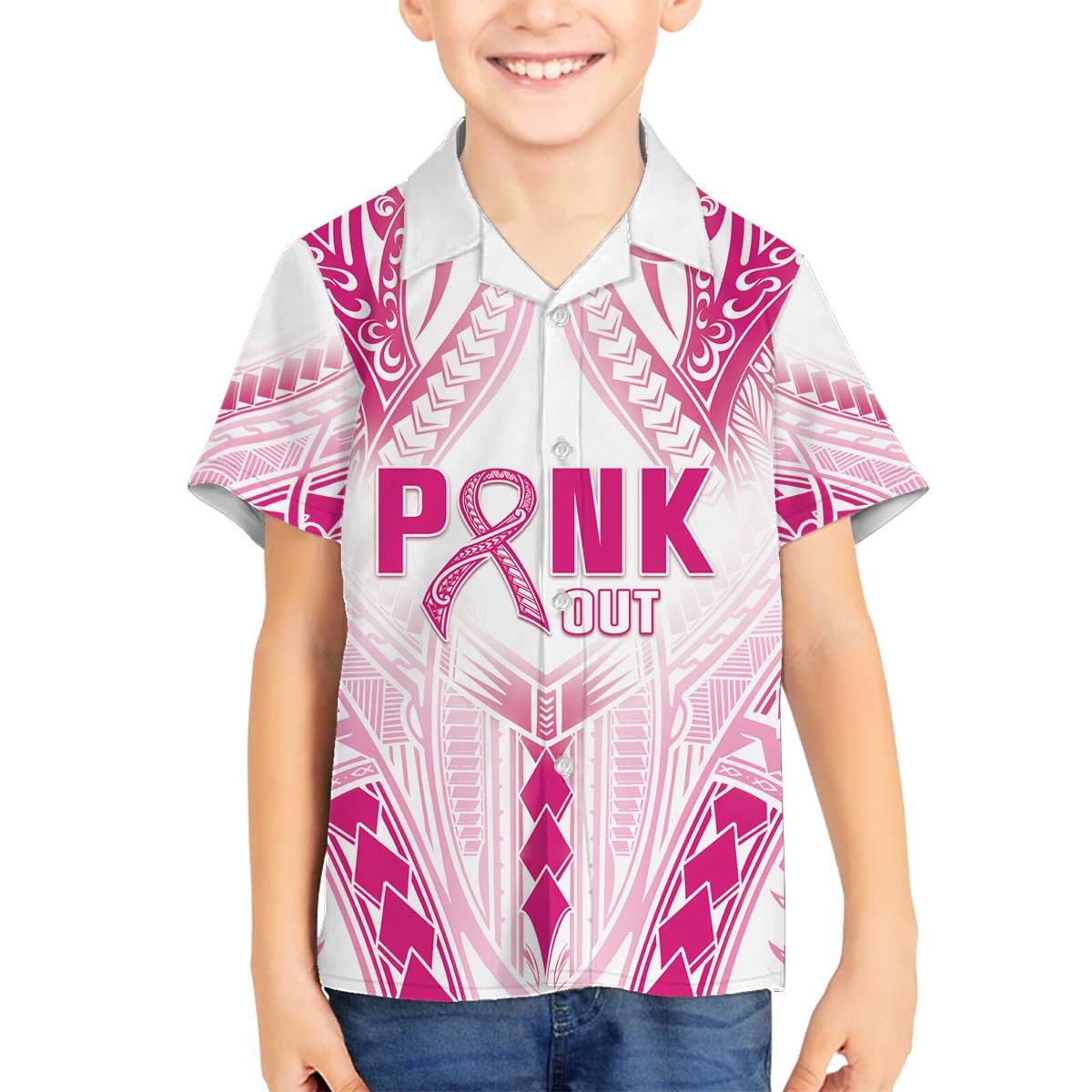 Breast Cancer Pink Out Family Matching Off Shoulder Short Dress and Hawaiian Shirt Polynesian Art Tattoo White Version LT05 Son's Shirt White - Polynesian Pride