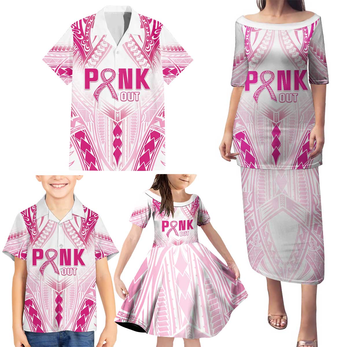 Breast Cancer Pink Out Family Matching Puletasi and Hawaiian Shirt Polynesian Art Tattoo White Version LT05 - Polynesian Pride
