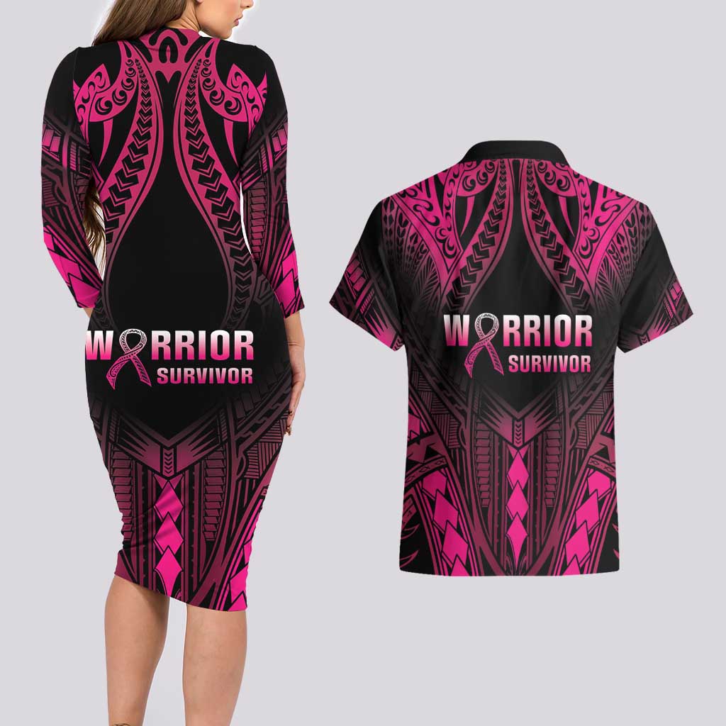 Breast Cancer Pink Out Couples Matching Long Sleeve Bodycon Dress and Hawaiian Shirt Polynesian Art Tattoo Black Version LT05 - Polynesian Pride