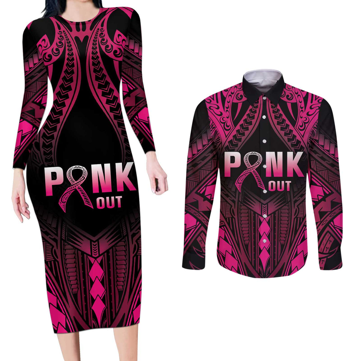Breast Cancer Pink Out Couples Matching Long Sleeve Bodycon Dress and Long Sleeve Button Shirt Polynesian Art Tattoo Black Version LT05 Black - Polynesian Pride