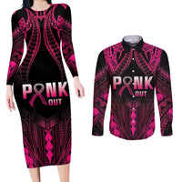 Breast Cancer Pink Out Couples Matching Long Sleeve Bodycon Dress and Long Sleeve Button Shirt Polynesian Art Tattoo Black Version LT05 Black - Polynesian Pride