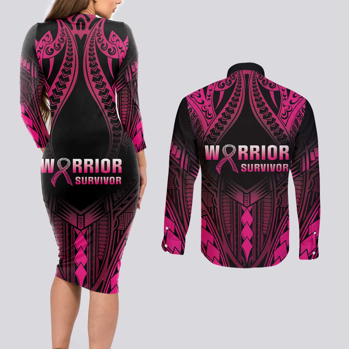 Breast Cancer Pink Out Couples Matching Long Sleeve Bodycon Dress and Long Sleeve Button Shirt Polynesian Art Tattoo Black Version LT05 - Polynesian Pride